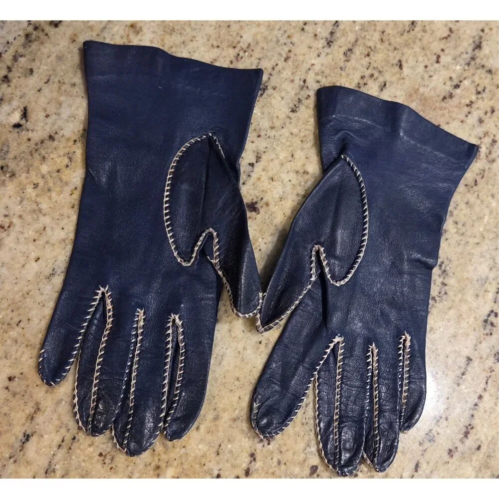 Vintage Womens Size XS S 6 1/4 Blue Leather Formal Gloves Contrast Stitching